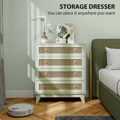 HOMCOM Chest of Drawers, 4-Drawer Storage Organiser Unit with Rattan Element for Bedroom, Living Room, Light Green 