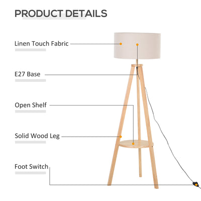 HOMCOM Free Standing Tripod Floor Lamp Bedside Light Reading Light with Storage Shelf Linen Shade for Living Room Bedroom, 154cm, Cream 
