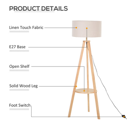 HOMCOM Free Standing Tripod Floor Lamp Bedside Light Reading Light with Storage Shelf Linen Shade for Living Room Bedroom, 154cm, Cream 
