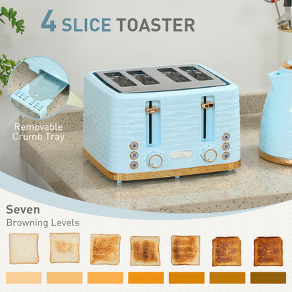 HOMCOM 3000W 1.7L Kettle & 4 Slice Toaster, Kettle and Toaster Set with 7 Browning Controls and Crumb Tray, Light Blue