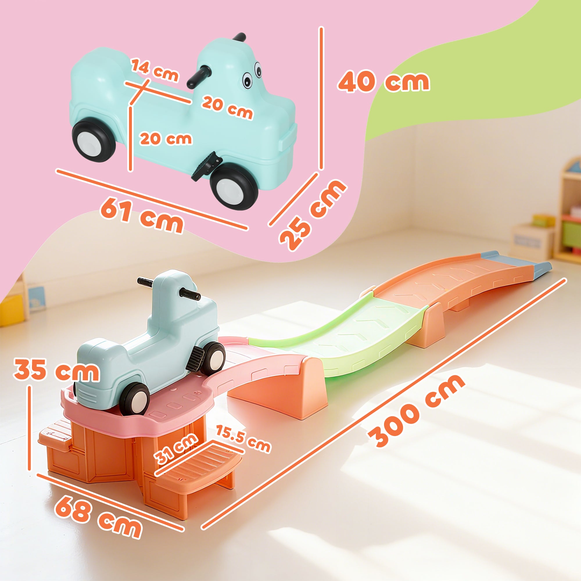 AIYAPLAY 3(m) Four-Piece Ride on Kids Roller Coaster w/ Non-Slip Steps, for Ages 2-5 Years - Orange 