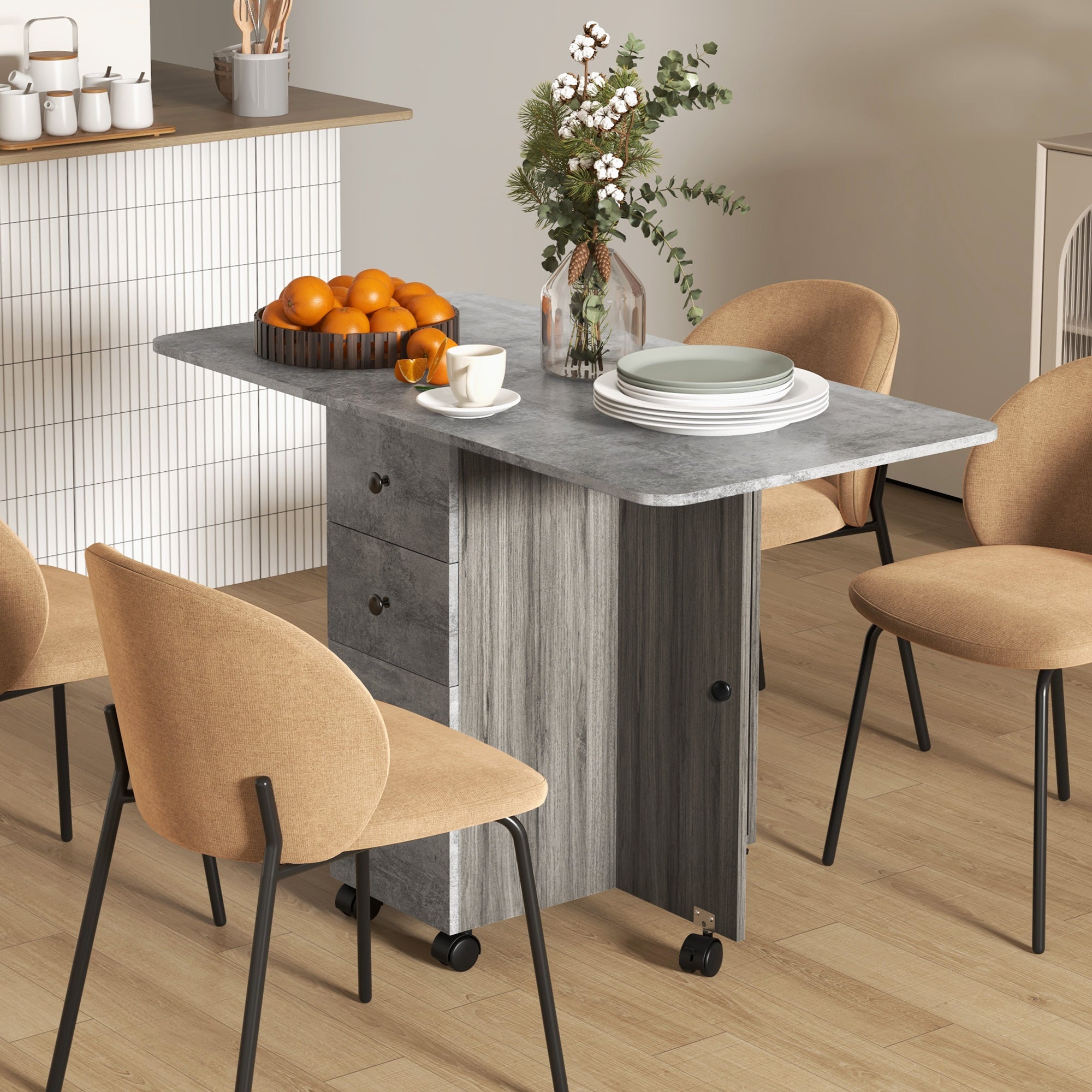 HOMCOM Multi-Storage Six-Person Drop Leaf Dining Table - Mixed Grey 