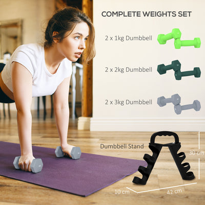 SPORTNOW Dumbbells Set with Storage Rack, 2 x 1kg, 2 x 2kg, 2 x 3kg, Green 