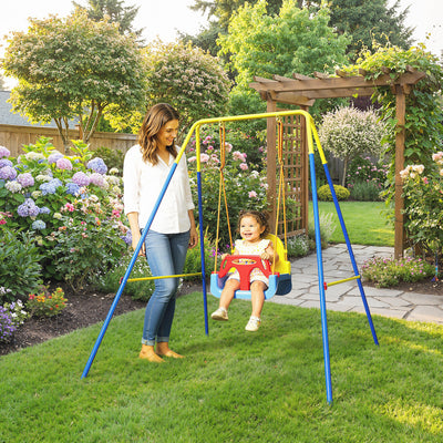 AIYAPLAY 3 in 1 Toddler Swing Set, Folding Child Swing Set with Seat Belt, Adjustable Seat for Outdoor Indoor, Blue 