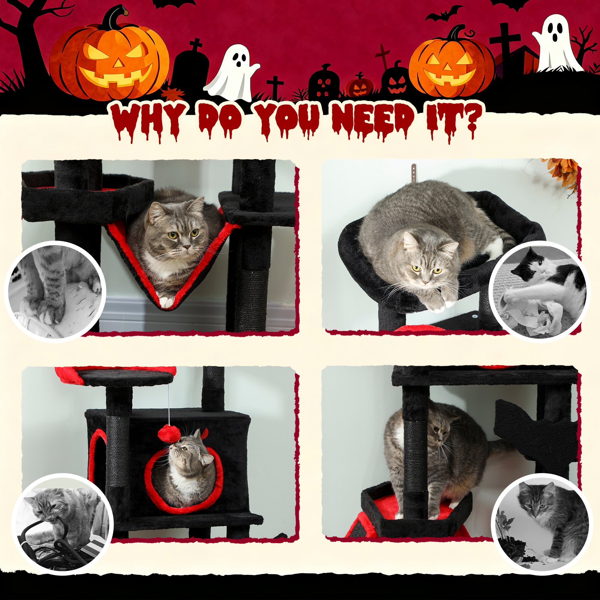 PawHut Gothic Cat Tree, 152 cm Multi-Level Cat Tower for Large Cats with Coffin Bed, Large Condo, for Halloween 