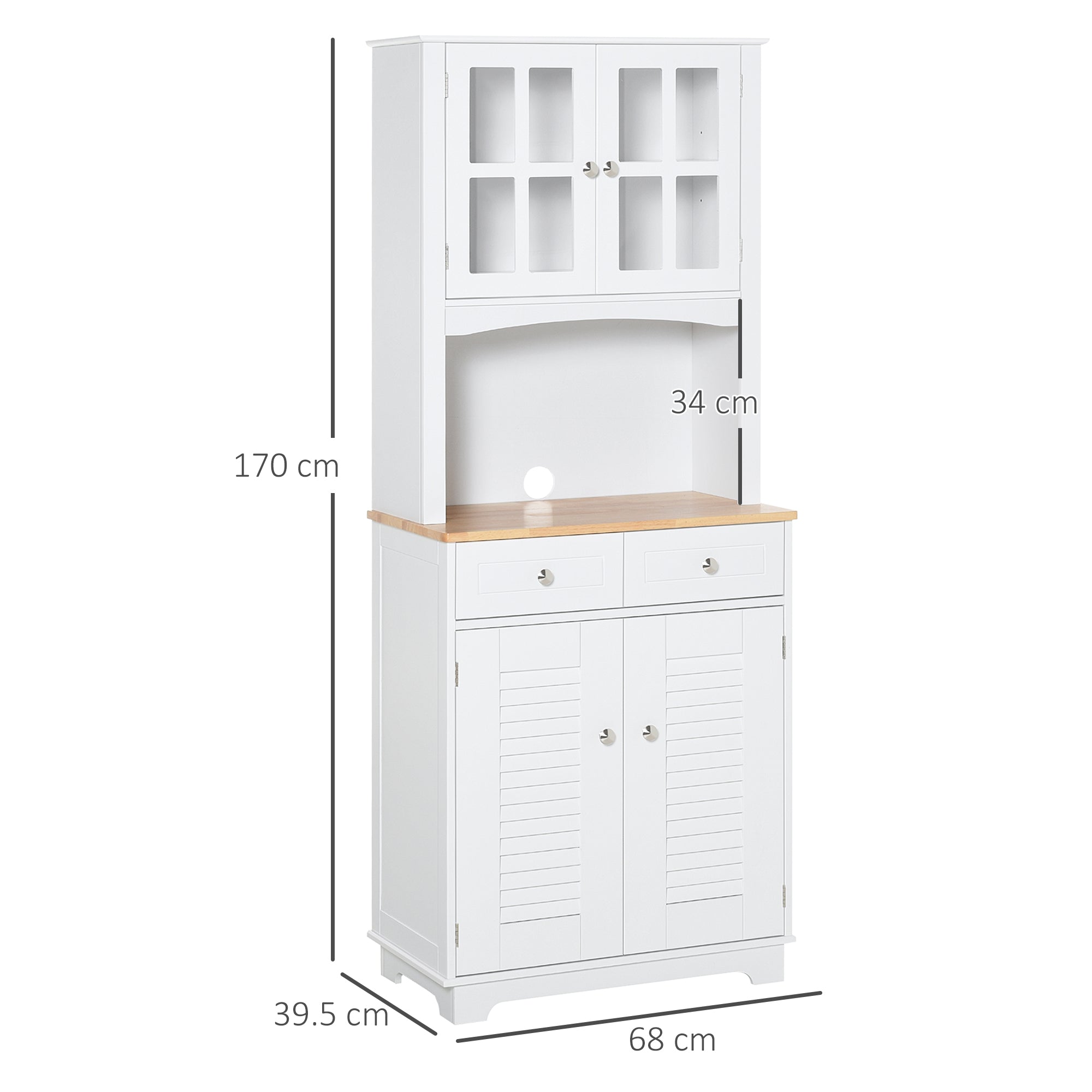 HOMCOM Modern Kitchen Cupboard, Louvered Kitchen Storage Cabinet with Framed Glass Doors and 2 Drawers, White