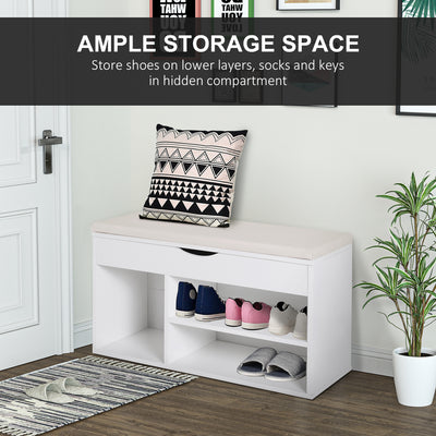 HOMCOM Wooden Shoes Cabinet Bench Hidden Storage Padded Seat Organiser Footwear Rack Hallway White 80 x 30 x 47 cm 