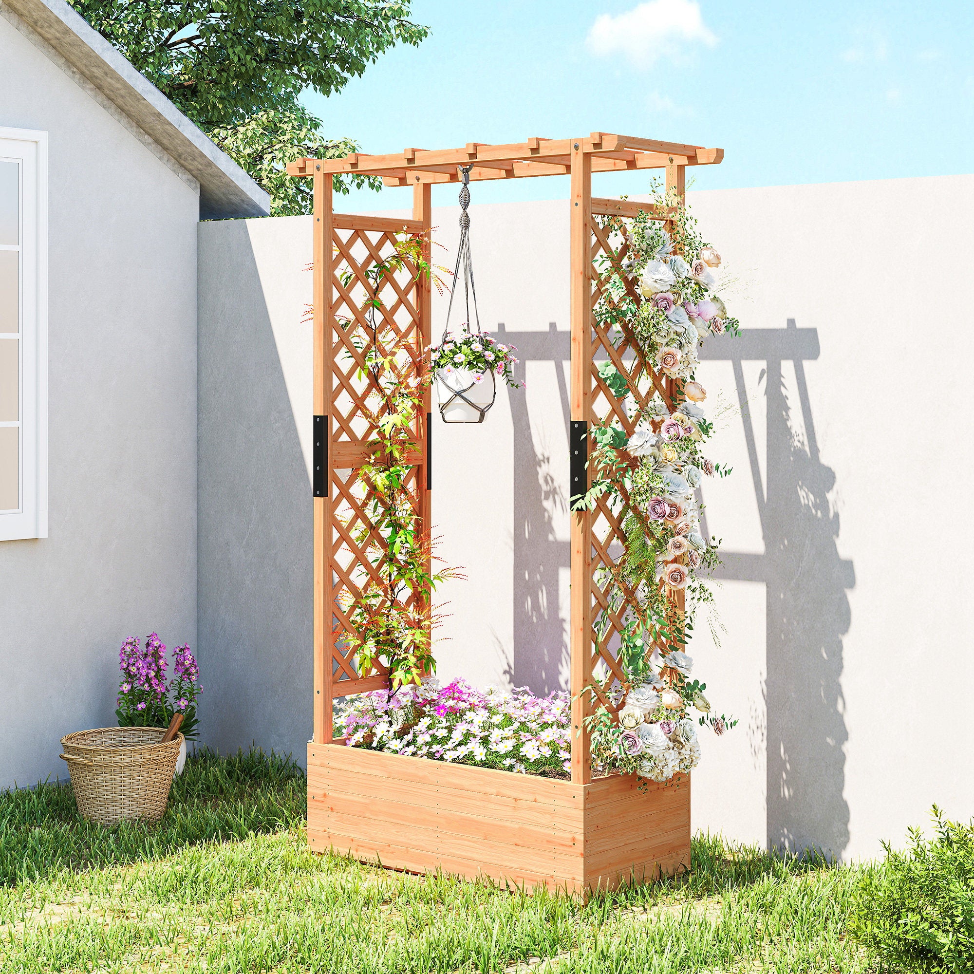 Outsunny Fir Wood 110 x 44 cm Planter and Trellis Garden Bed 