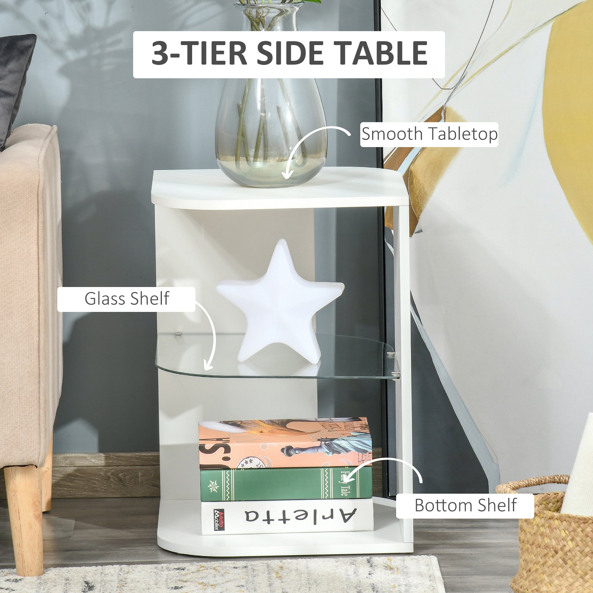 HOMCOM Modern Side Table Three Layer Bedside Table Nightstand with 2 Storage Shelves, for Living room, Bedroom, White 