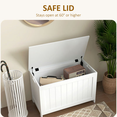 HOMCOM Storage Chest, Modern Storage Trunk with 2 Safety Hinges and Cut-out Handles, Wooden Toy Box for Living Room, Entryway, 76 x 40 x 48 cm, White 