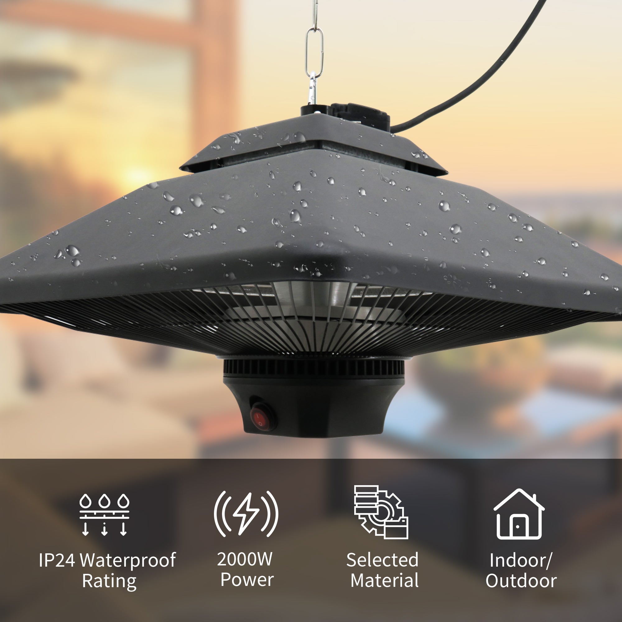 Outsunny Hanging Electric Patio Heater with 2 Power Settings, 1000/2000W Waterproof Ceiling Mounted Aluminium Halogen Infrared Outdoor Heater Warmer with LED Light and Remote Control, Black 