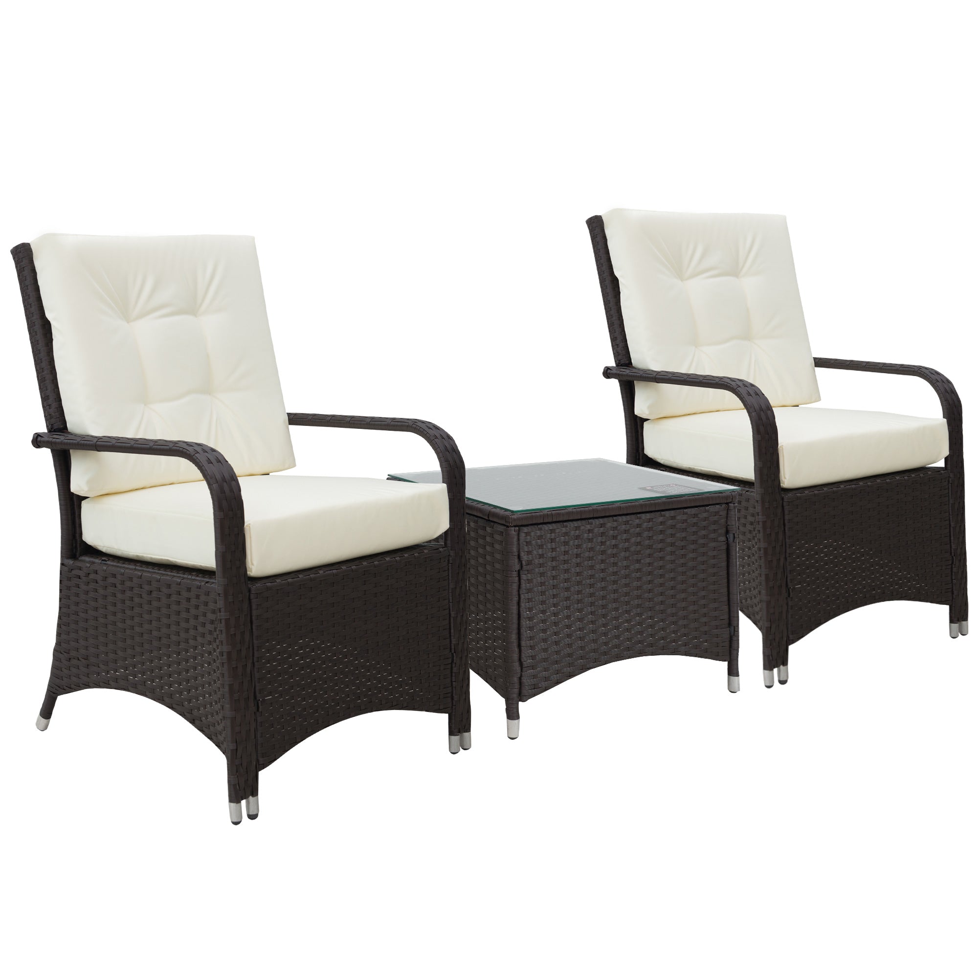 Outsunny 3 Pieces Rattan Bistro Set with Furniture Cover, Wicker Garden Furniture Set, Glass Top Coffee Table and Chairs with Cushions for Outdoor, Patio, Balcony, Cream White 