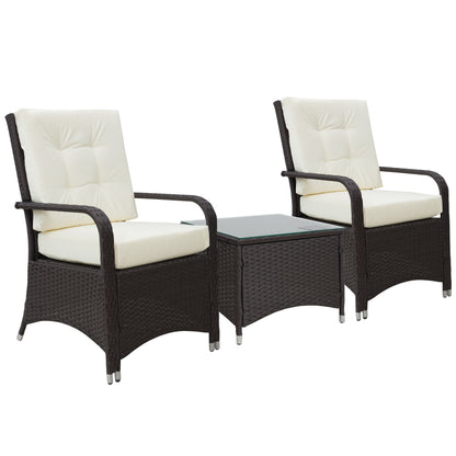 Outsunny 3 Pieces Rattan Bistro Set with Furniture Cover, Wicker Garden Furniture Set, Glass Top Coffee Table and Chairs with Cushions for Outdoor, Patio, Balcony, Cream White 