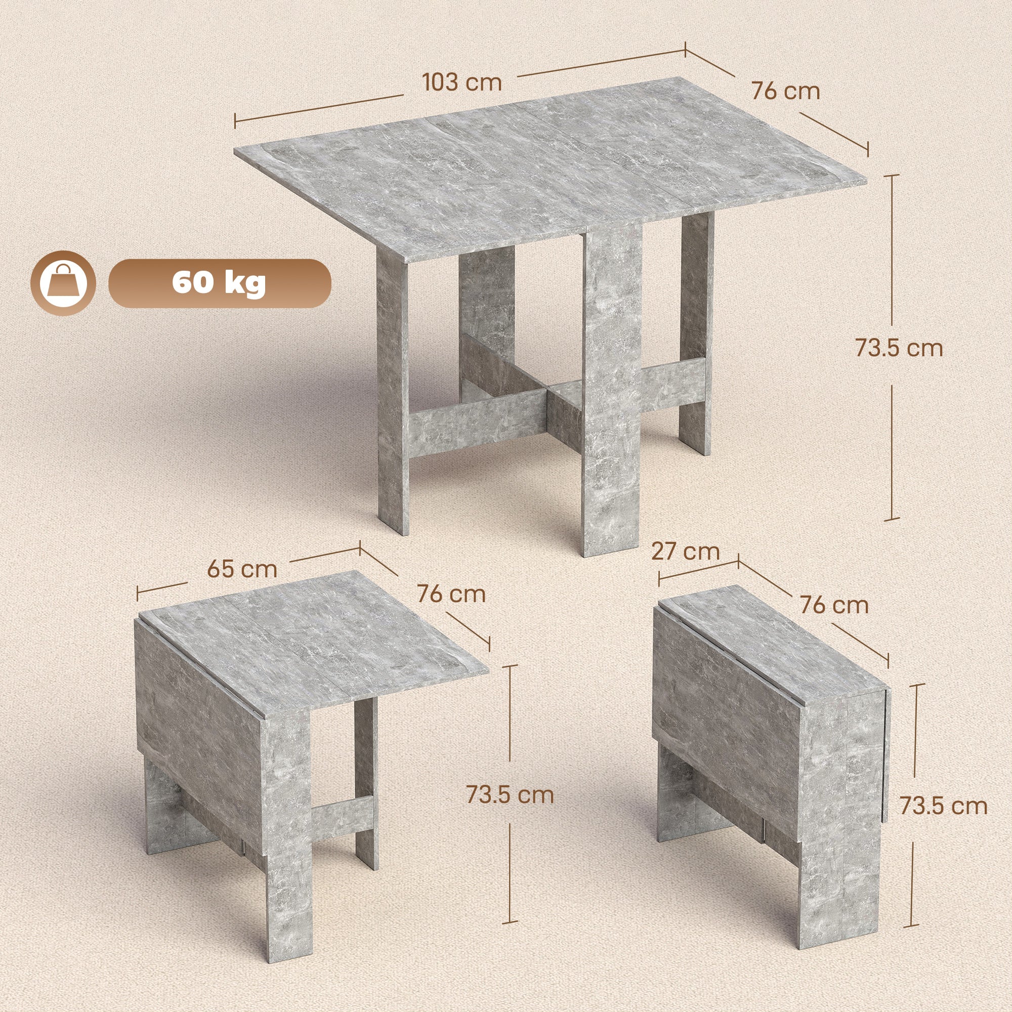 HOMCOM Folding Dining Table, Space-Saving Drop Leaf Kitchen Table for 4-6 People Grey 