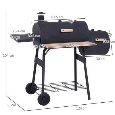 Outsunny Portable Charcoal BBQ Grill, Cold-rolled Steel, Solid Wood, 104H x 124L x53W cm-Black 