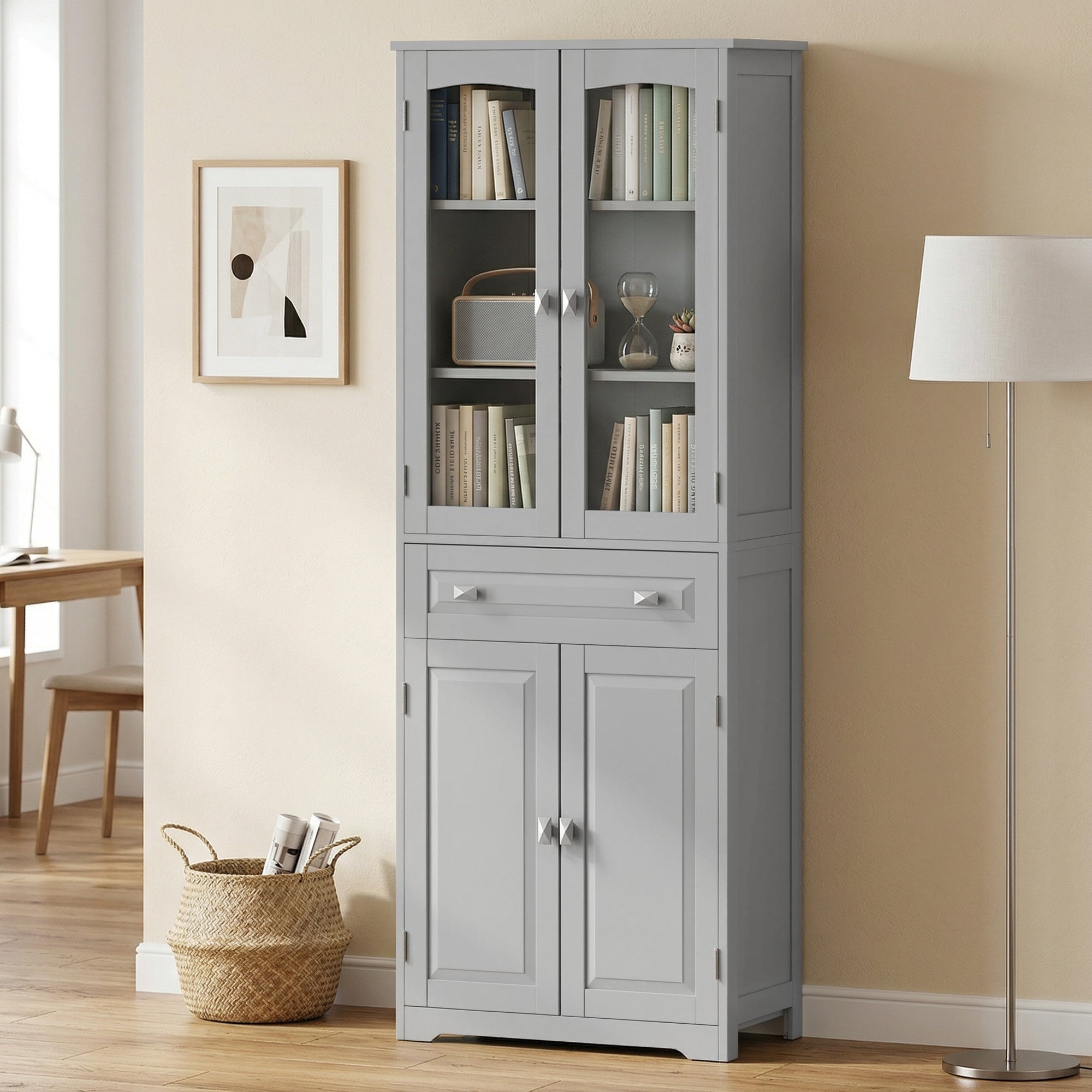 HOMCOM Freestanding Kitchen Cupboard, Storage Cabinet with 2 Adjustable Shelves, Drawer and Glass Door for Living Room, Grey 