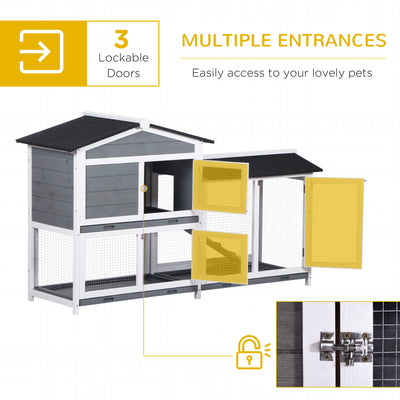 PawHut Wooden 2-Tier Rabbit Hutch w/ Tray Ramp Grey 