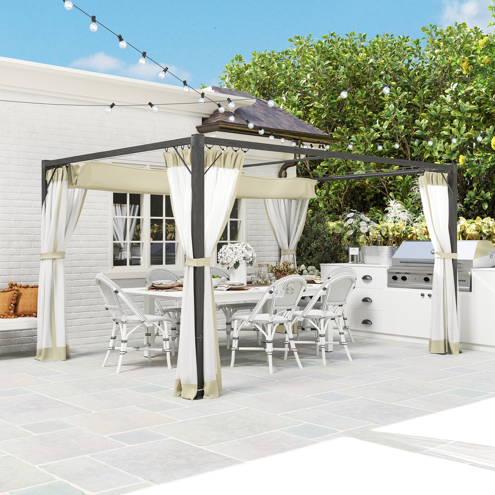 Outsunny 3 x 4m Aluminium Frame Pergola, with Retractable Roof - Khaki 