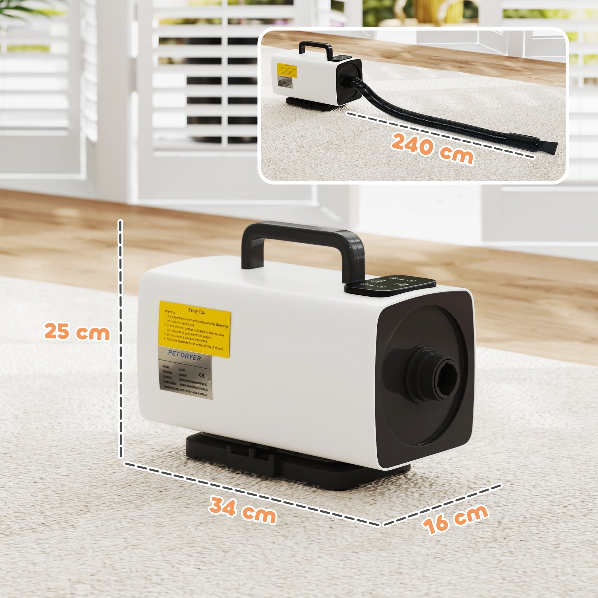 PawHut 2200W Dog Hair Dryer with Auto Adjustable Temperature & Airflow, 3 Nozzles, Digital Screen, for Dogs Cats, White 