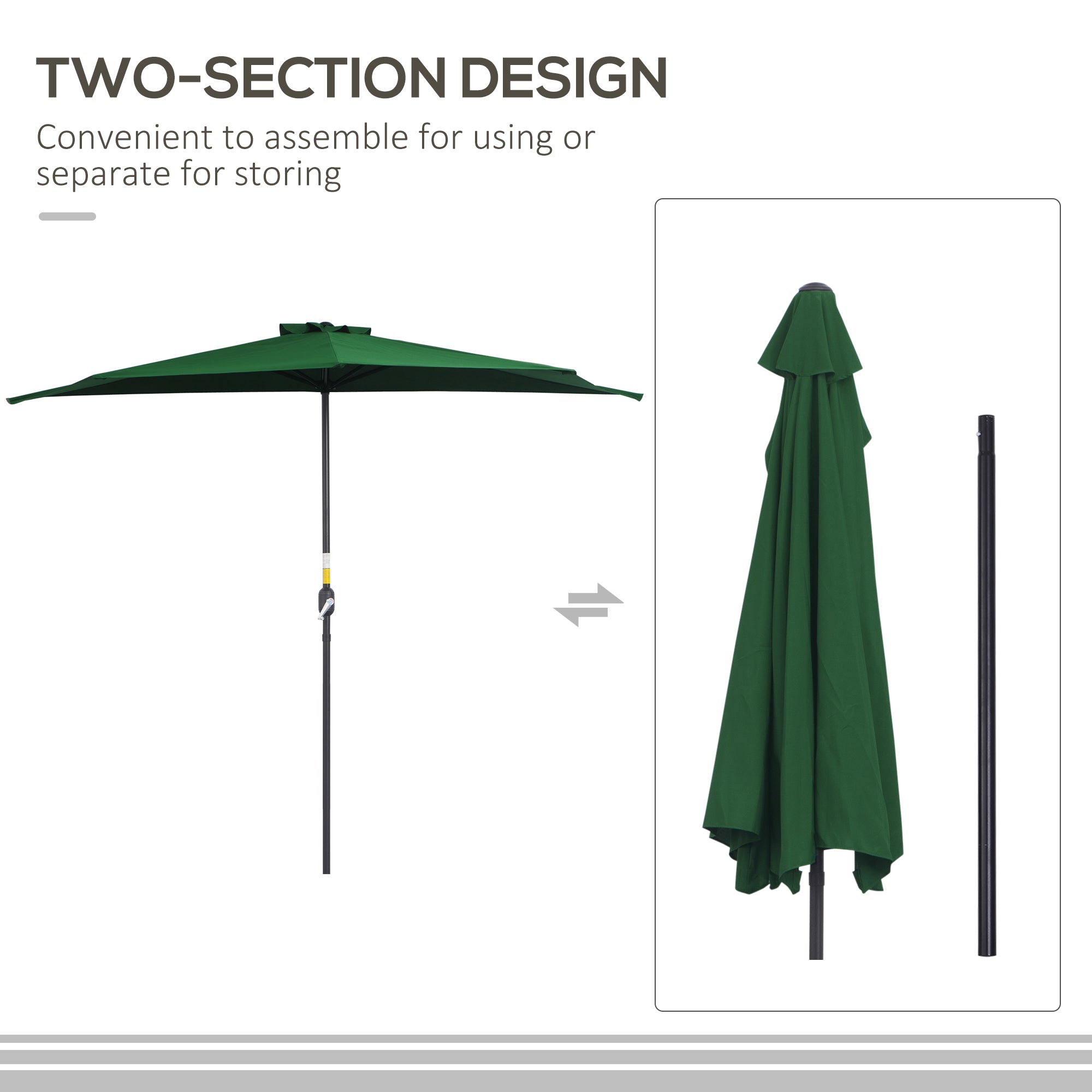 Outsunny 3(m) Half Parasol, Semi Round Umbrella with Metal Frame, Crank Handle for Balcony, Garden, Green 