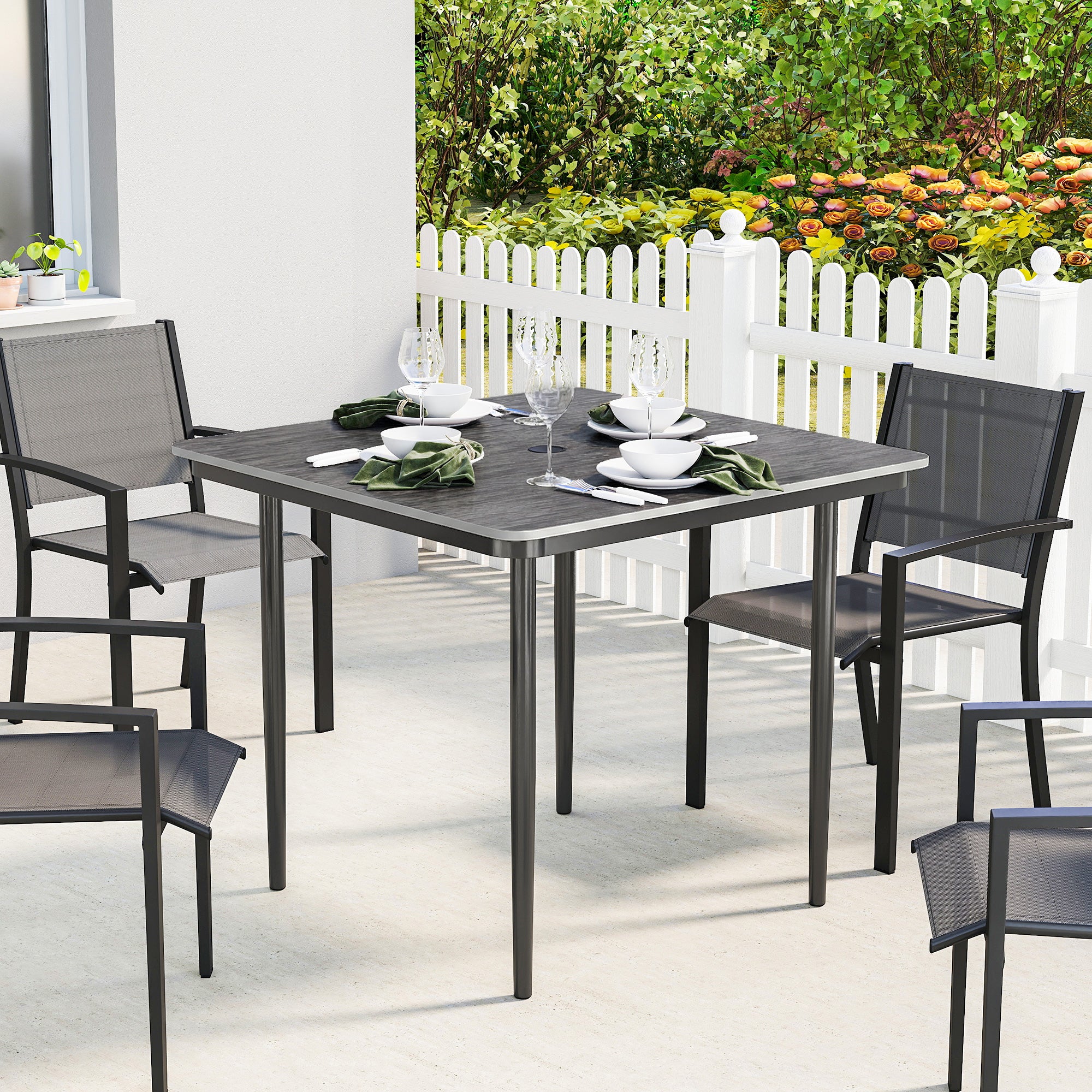 Outsunny Garden Dining Table for 4, 85 cm Square Outdoor Table with Umbrella Hole, Faux Wood Top, Metal Legs, Dark Grey 