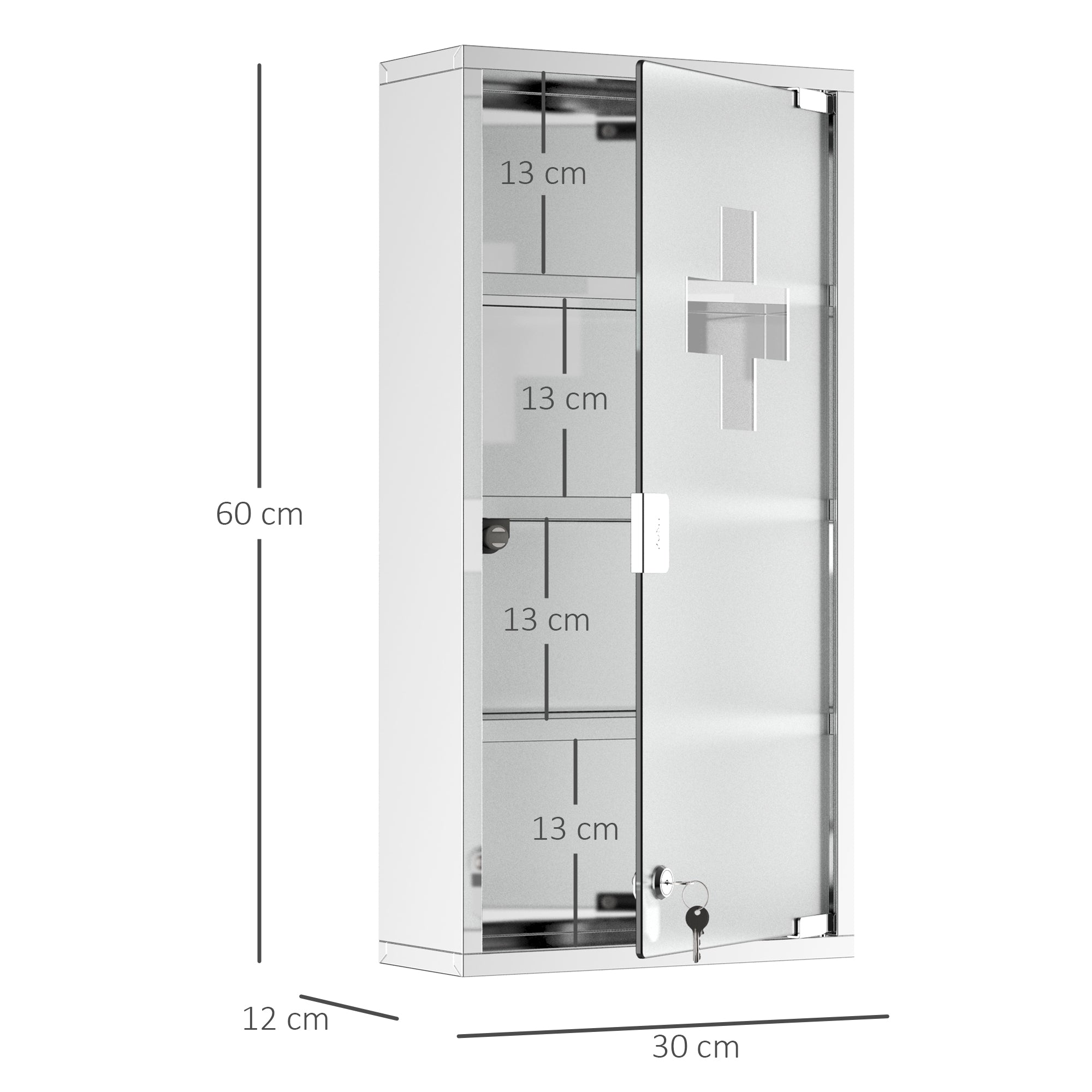 HOMCOM 4 Tier Stainless Steel Wall Mounted Medicine Cabinet Glass Lockable Door Storage Shelves Houseware Bathroom Furniture 60Hx30Wx12D(cm) w/2 Keys 
