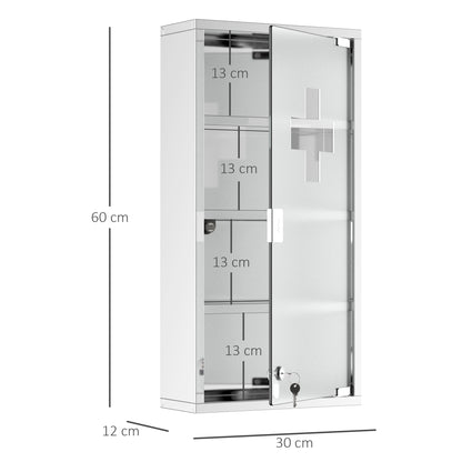 HOMCOM 4 Tier Stainless Steel Wall Mounted Medicine Cabinet Glass Lockable Door Storage Shelves Houseware Bathroom Furniture 60Hx30Wx12D(cm) w/2 Keys 