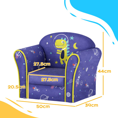 AIYAPLAY Kids Armchair with Planet Dinosaurs Design, Wooden Frame, for Bedroom, Playroom, Kids Room - Blue 
