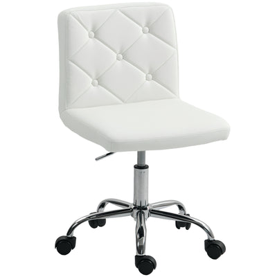 HOMCOM PU Leather Armless Office Chair, Modern Vanity Computer Swivel Chair with Rolling Wheels and Adjustable Height for Home Study, Bedroom, White 