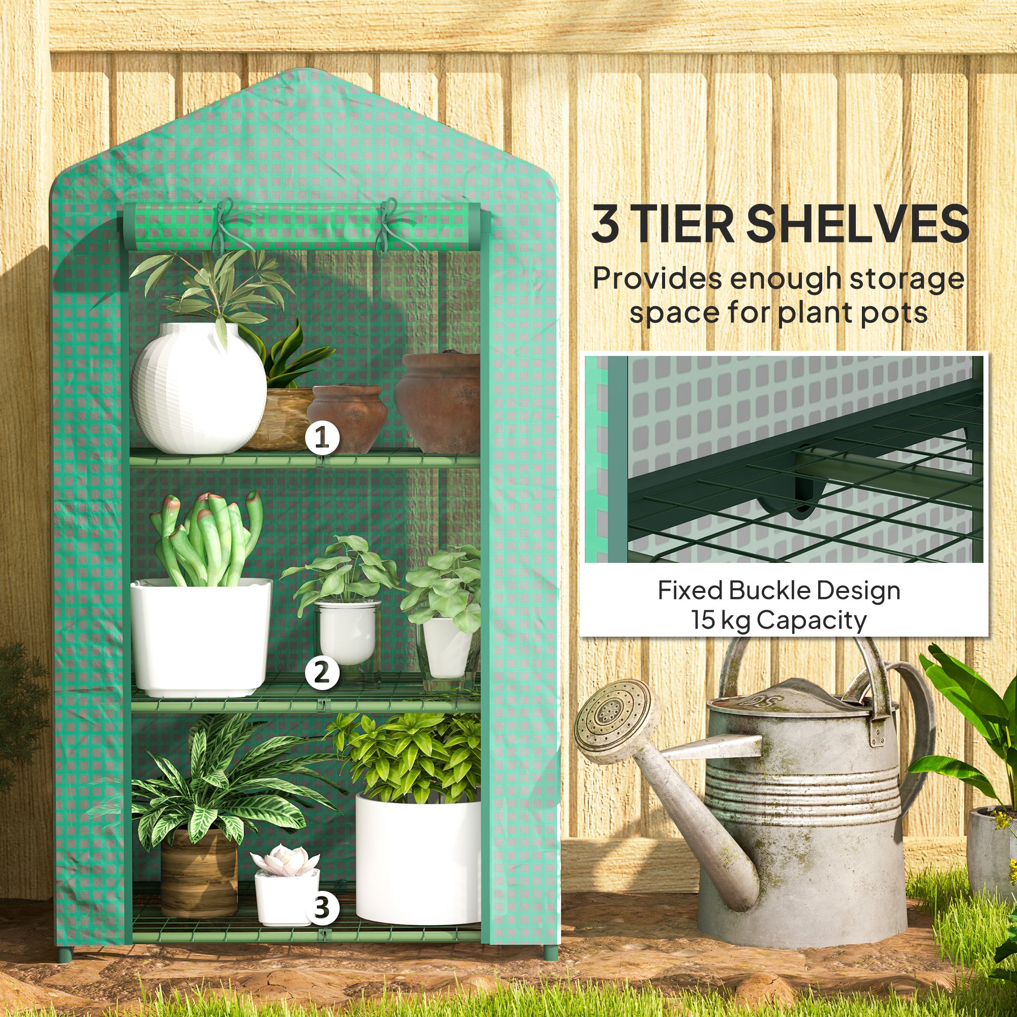 Outsunny 3 Tier Mini Greenhouse Portable Garden Grow House with Roll Up Door and Wire Shelves, 69 x 49 x 125 cm, Green 