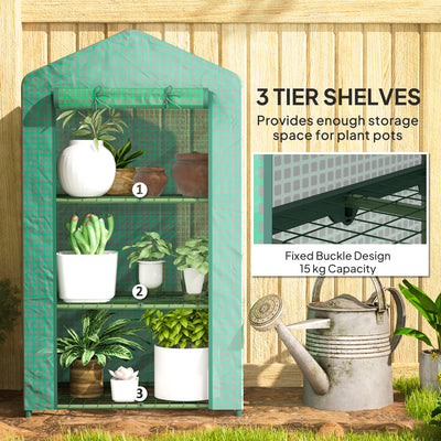 Outsunny 3 Tier Mini Greenhouse Portable Garden Grow House with Roll Up Door and Wire Shelves, 69 x 49 x 125 cm, Green 