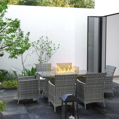 Outsunny 7 Pieces Outdoor Rattan Garden Furniture with Fire Pit Table, 6 Seater Garden Table and Chairs with Cushions, Rattan Dining Set with Propane Heater Table, Windscreen, 50,000 BTU, Grey 
