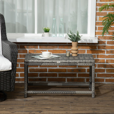 Outsunny Outdoor Coffee Table, Garden PE Rattan Side Table with Plastic Board Under the Full Woven Table Top and Rectangular Frame for Patio, Balcony, Mixed Grey 
