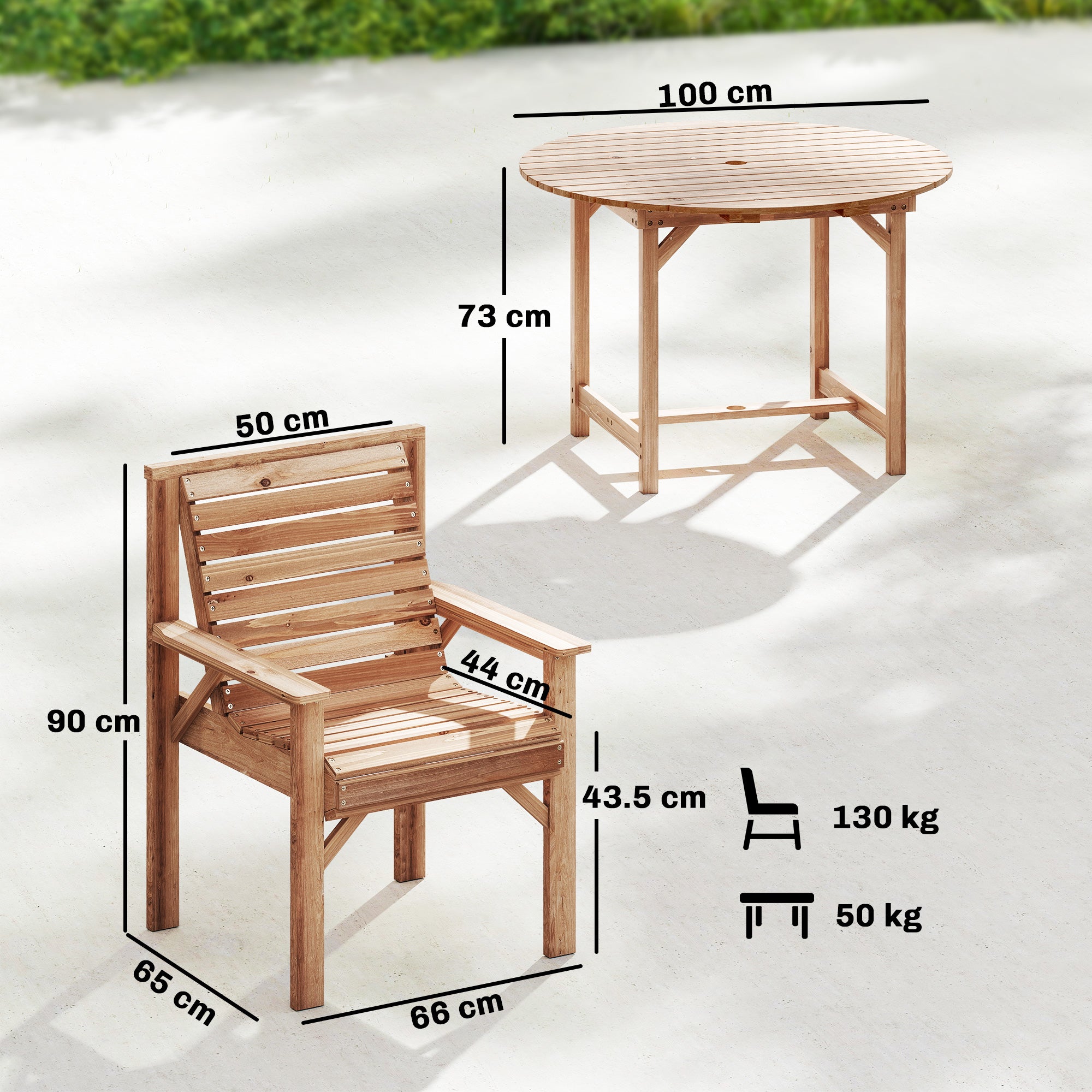 Outsunny 5 Pieces Garden Dining Set with Parasol Hole, Round Outdoor Table and Chairs, 4 Seater Wooden Garden Furniture, Natural 