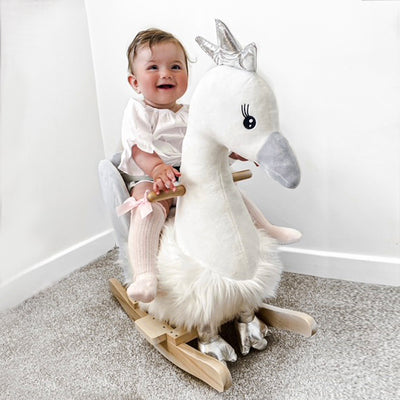HOMCOM Kids Children Rocking Horse Plush Ride On Swan w/ Sound Wood Base Seat Safety Belt Toddler Baby Toy Rocker 18 - 36 Months 