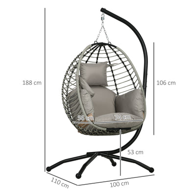 Outsunny Single Rattan Hanging Egg Chair, with Seat Cushion - Grey 