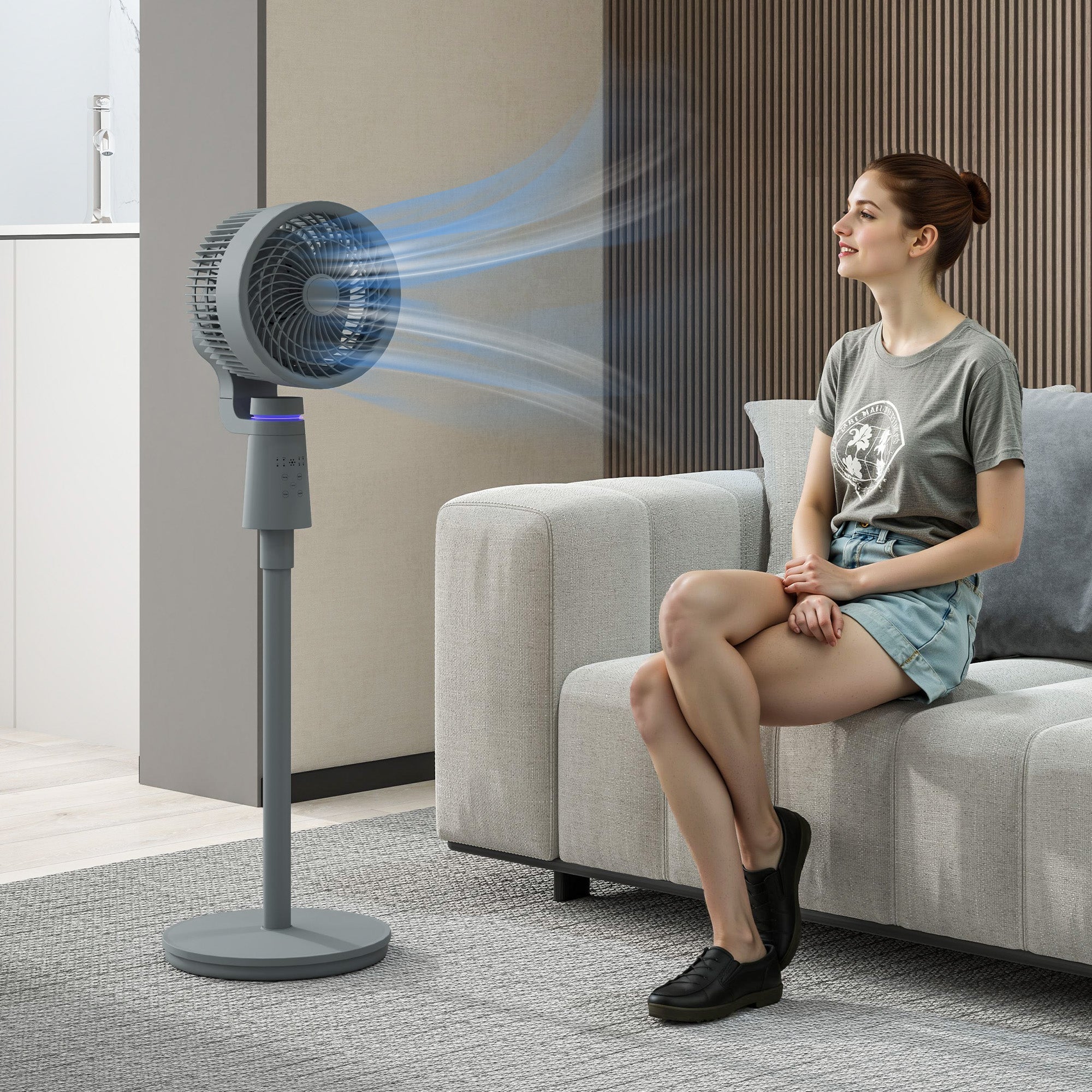 HOMCOM Pedestal Air Circulation Fan with Oscillating, Light Off, Grey 
