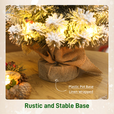 HOMCOM 60 cm Prelit Small Christmas Tree with 35 LED Lights, Snow Flocked Tabletop Mini Xmas Tree with 72 Dense Branches, Pine Cones, Berry Clusters and Linen Cover Base, Battery Operated, Green 