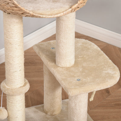 PawHut Cat Tree for Indoor Cats 100cm Kitten Climbing Tower Activity Center with Sisal Scratching Post Condo Perch Hanging Balls Teasing Rope Toy Cushion 