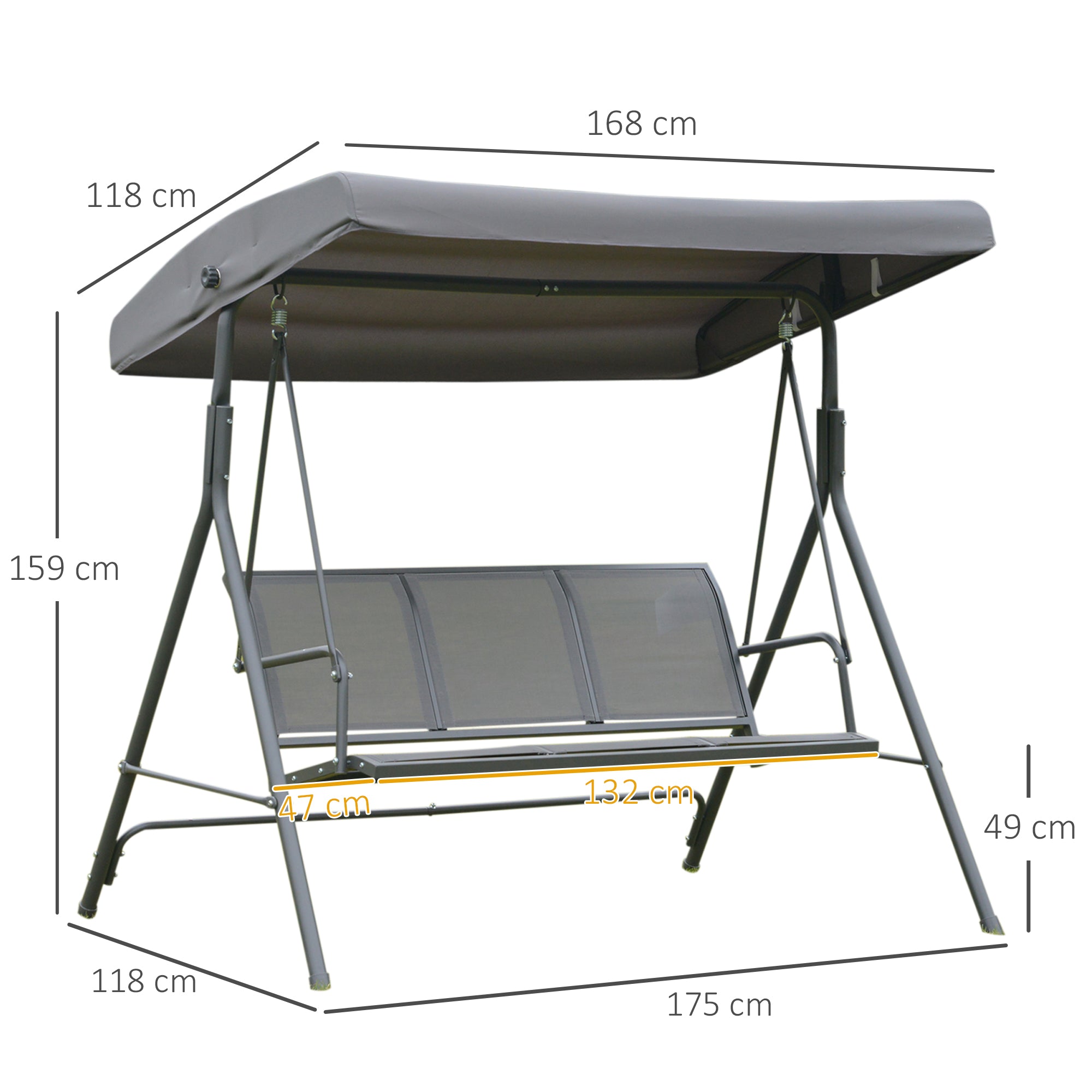 Outsunny 3 Seater Swing Chair, Garden Swing Bench with Canopy, Breathable Mesh Seat and Heavy Duty Steel Frame for Patio, Yard, Grey 