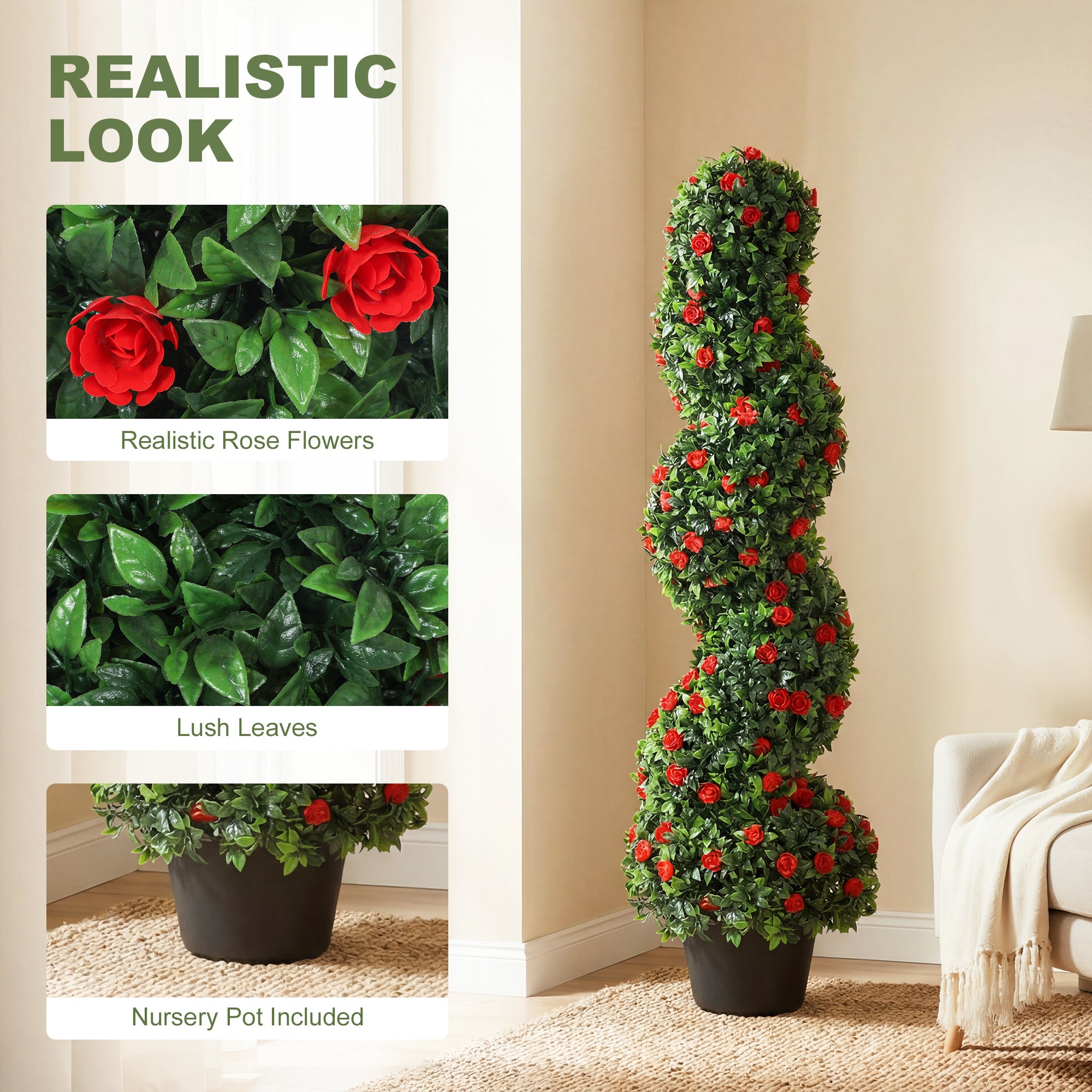 HOMCOM Artificial Rose Spiral Topiary Tree Set of 2, Indoor Outdoor Fake Plants with 630 Leaves, 90cm 