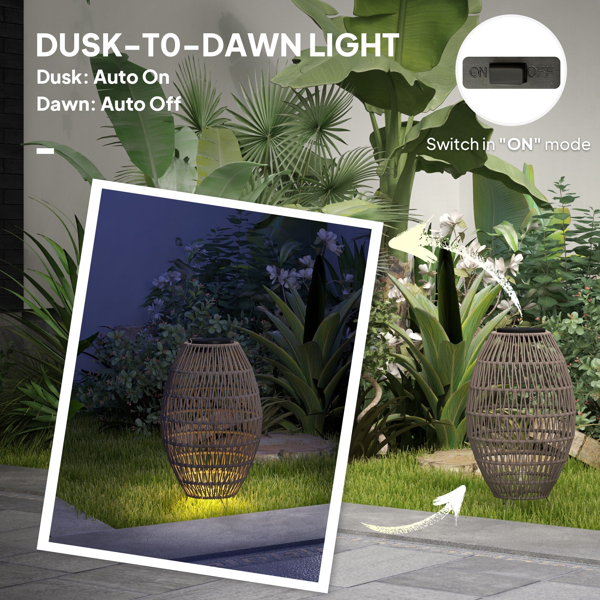 Outsunny Rattan Solar Lamp, Garden Solar Lantern with Auto On/Off Light, IP44 Waterproof, Decorative Outdoor Rattan Lamp for Porch, Pathway, Dark Brown 
