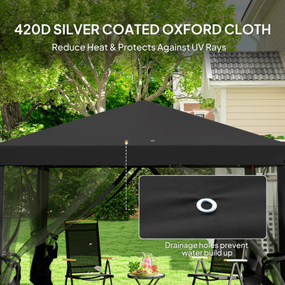 Outsunny 3 x 3\'c2\'a0m Pop Up Gazebo, 420D Garden Tent Canopy with Removable Mesh Sidewall Netting, Carry Bag for Garden Patio Outdoor, Black 
