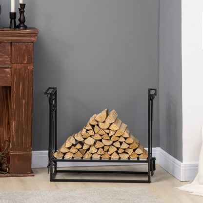 HOMCOM Steel Firewood Log Holder Indoor Outdoor Firewood Rack Fireplace Wood Storage Shelf with 4 Tools, Hooks, Scrolls, Rust-Resistant, Black, 75L x 30W x 60H cm 