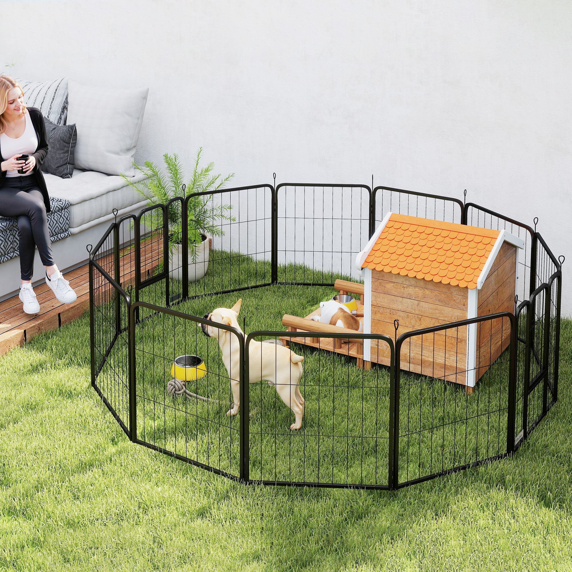 PawHut 12 Panels Heavy Duty Dog Playpen with Doors, for Medium Dogs, 80cm High, Black 