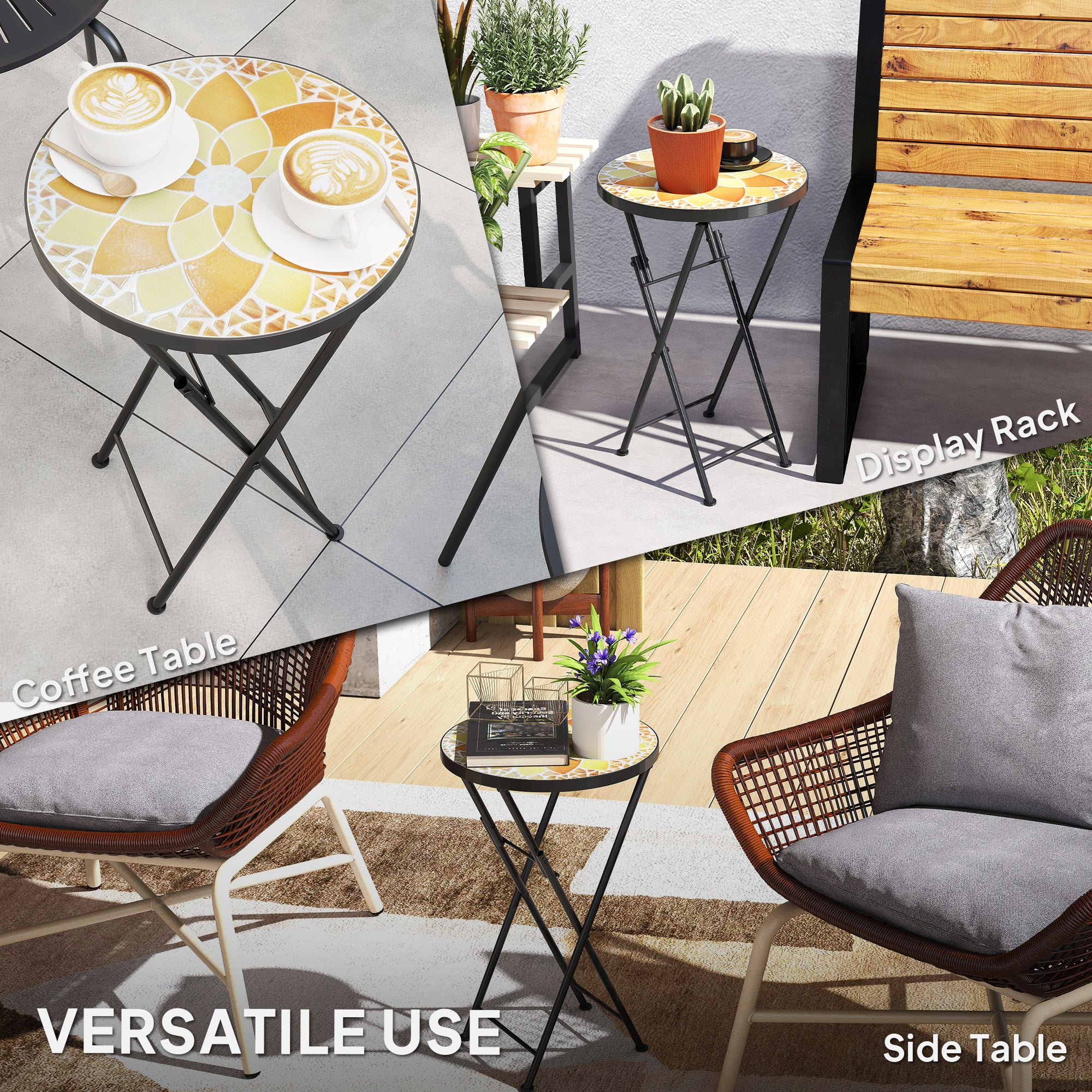 Outsunny Mosaic Outdoor Garden Table, 35.5cm Round Folding Coffee Table with Metal Frame for Balcony Terrace, Yellow 