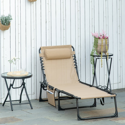 Outsunny Portable Sun Lounger, Folding Camping Bed Cot, Reclining Lounge Chair 5-position Adjustable Backrest with Side Pocket, Pillow for Patio Garden Beach Pool, Beige 