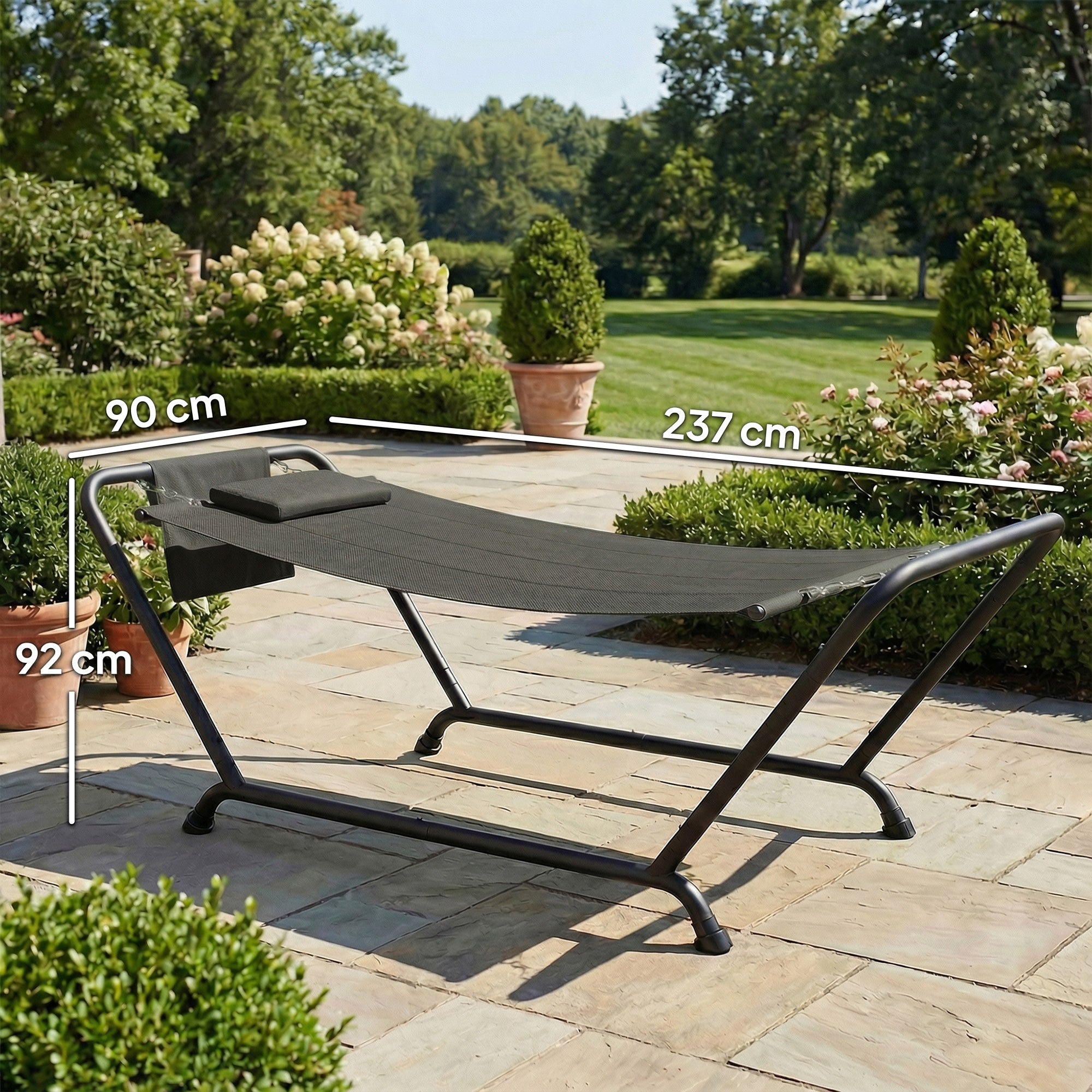 Outsunny Outdoor Hammock with Stand, Freestanding Hammock with Side Pocket, Headrest for Patio, Balcony, Porch, Dark Grey 