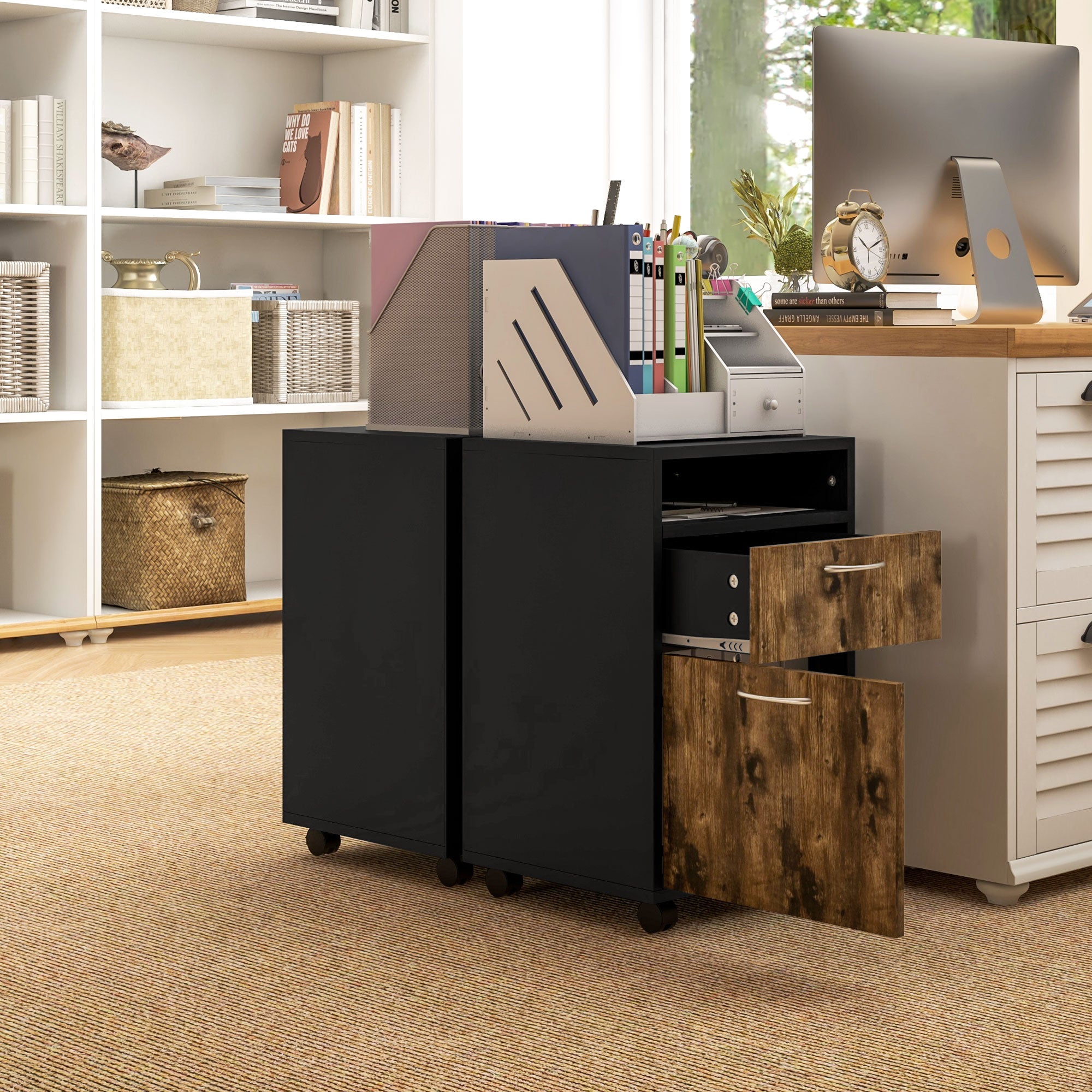 HOMCOM 60cm Filing Cabinet with Drawer, Open Shelf, Metal Handles and 4 Wheels, Office Home Organiser Mobile Printer, Rustic Brown 