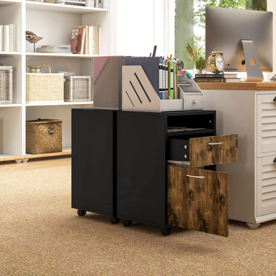 HOMCOM 60cm Filing Cabinet with Drawer, Open Shelf, Metal Handles and 4 Wheels, Office Home Organiser Mobile Printer, Rustic Brown 